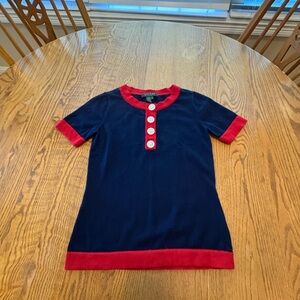 Lauren Ralph Lauren Navy Blue Red Trim Knit Sailor Top Button Detail Size P